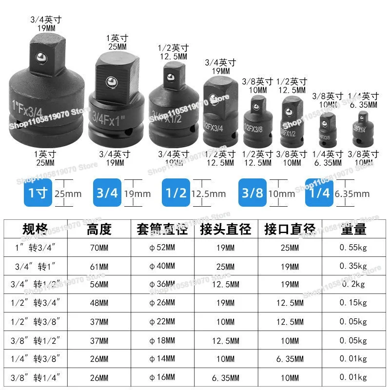 Sleeve Adapter Head, Large, Medium and Small Air Cannons, Fast Ratchet, Adapter, Electric Wrench Mutual Rotation Head