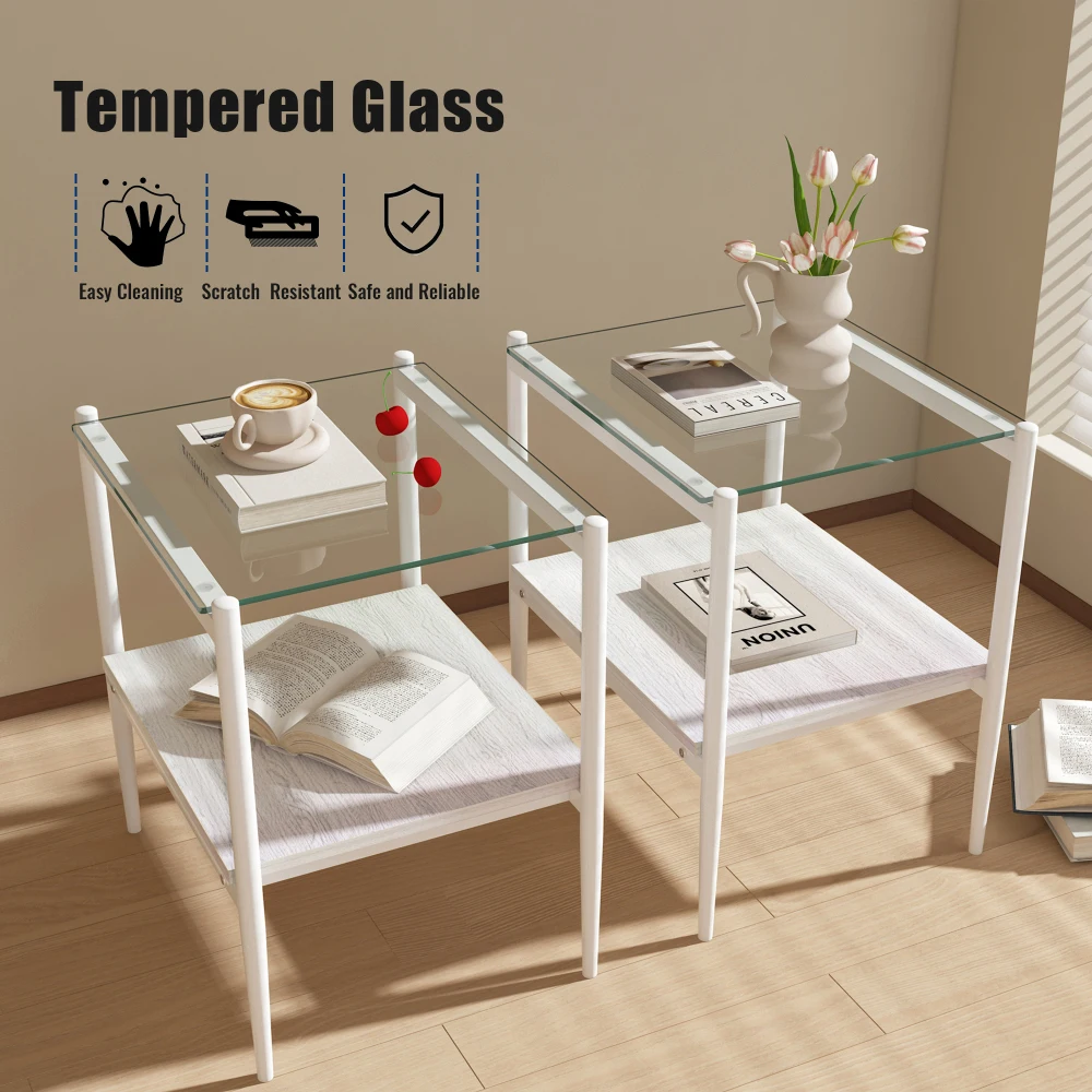 Set of 2 Rectangle End Table, Tempered Glass Tabletop with MDF layer, Modern Table for Living Room , Transparent Glass White