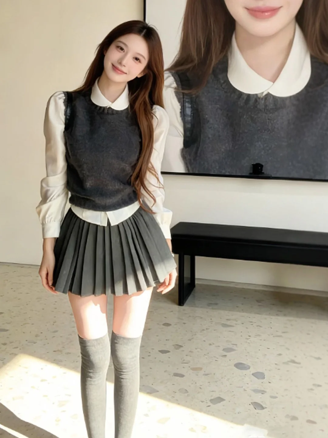 

Комплект из хлопкового жилета и юбки в корейском стиле для колледжа, весна 2026, комфортный, длинный рукав