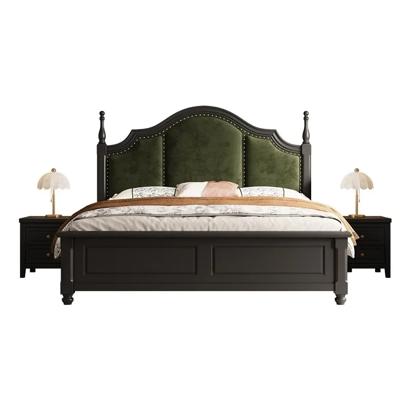 Retro solid wood bed simple flannel soft bag bed 1.5 meters single bed medium antique master bedroom bed drawer