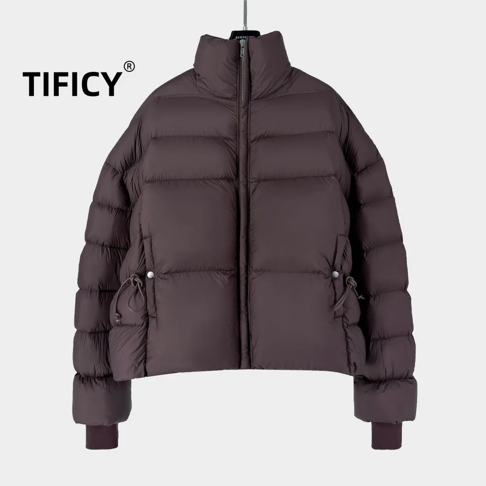 High Street New Arrival Dark Goose Down Jacket Women's Drawstring Waist and Stand-Up Collar in Medium Length Down Jackets