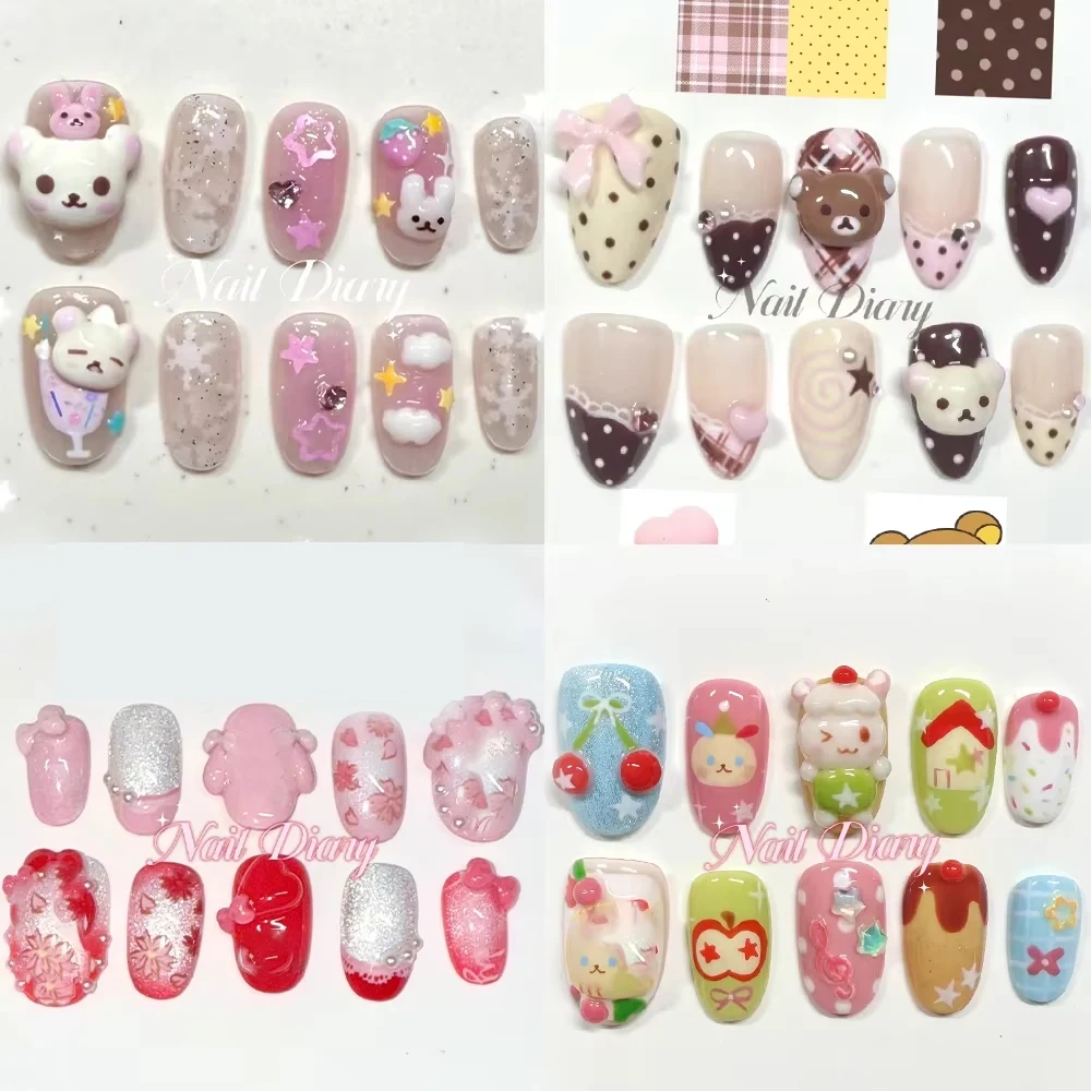 

Y2K Kawaii Cartoon Rilakkuma Handmade Fake Nail Bow Star Pearl Dessert Flower Wing Musical Notes Dessert Press On Nails