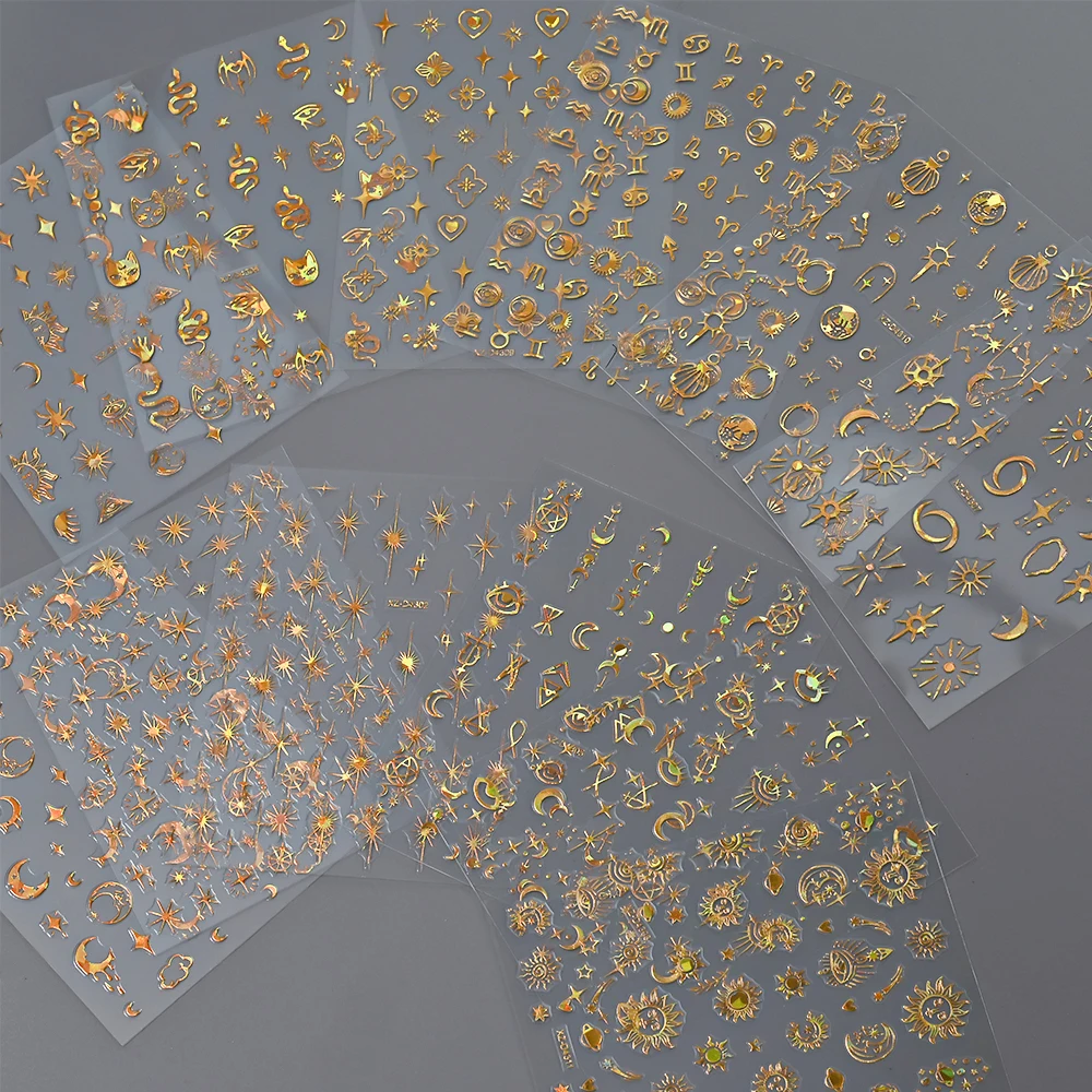 12枚入り 3D ゴールド シルバー Y2K スター ムーン ネイルステッカー ブロンズ スネーク キャット セルフ接着 スライダー クロス スターライト サン マニキュア デカール