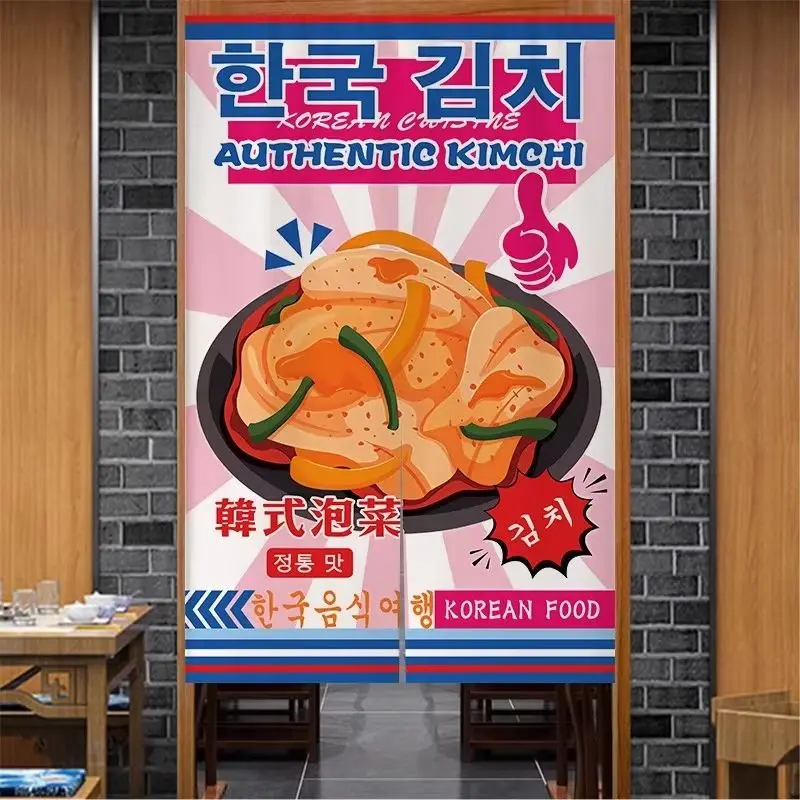 VIKAMA Kimchi Korean Food Hangul Print Single Rod Pocket No Drill Noren Curtain Snack Bar Home Decor