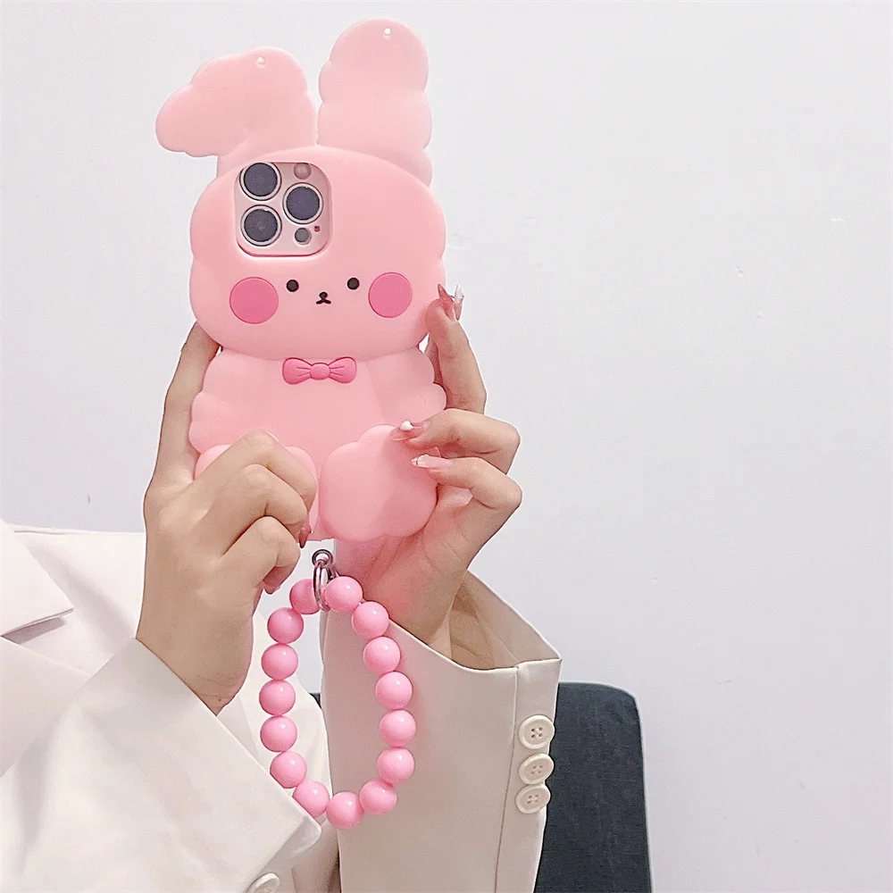 

Coquette Pink Blush Chubby Bunny Bead Chain Phone Case for 17 Pro Max Crossbody Strap Soft Silicone Cover for iPhone 16 15 14 13