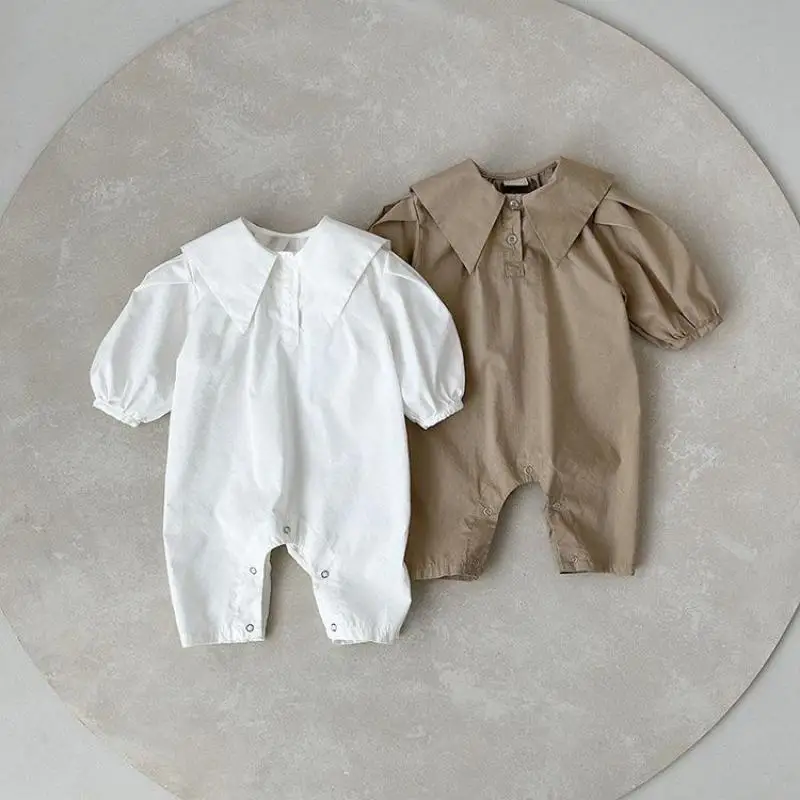 

2024 Autumn Newborn Baby Boy Fashion Turn-down Collar Full Sleeves Comfortable Jumpsuit Girl Solid Cotton Romper One Piece