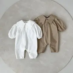 2024 Autumn Newborn Baby Boy Fashion Turn-down Collar Full Sleeves Comfortable Jumpsuit Girl Solid Cotton Romper One Piece