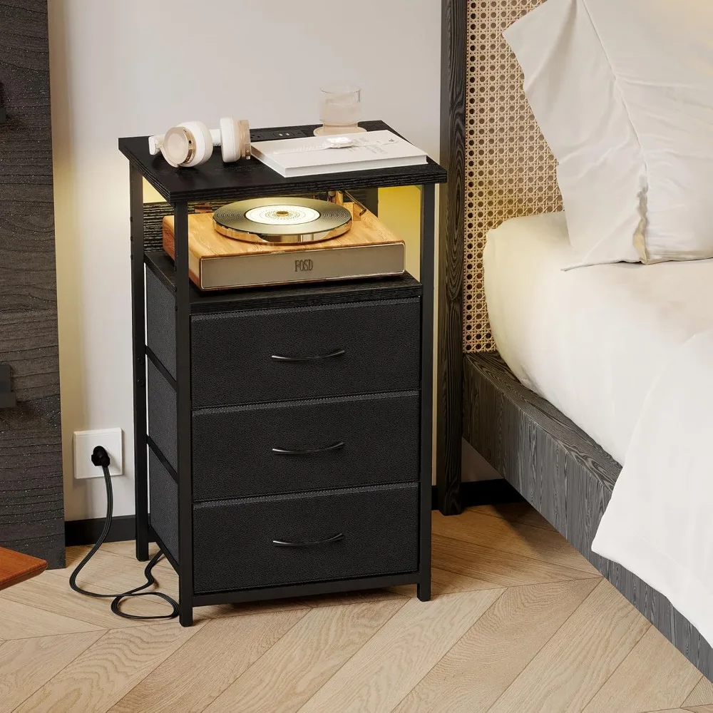 

Bedside table with charging, LED bedside table with USB port and socket, 3 storage drawers in PU finish fabric, bedside table