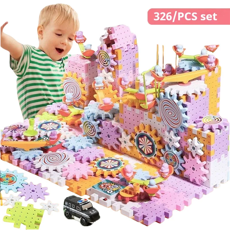 Children Electric Gears Model Building Blocks Large Puzzle Assembly Gears Set  Rail Track Car Construction Toys for Kids Gifts