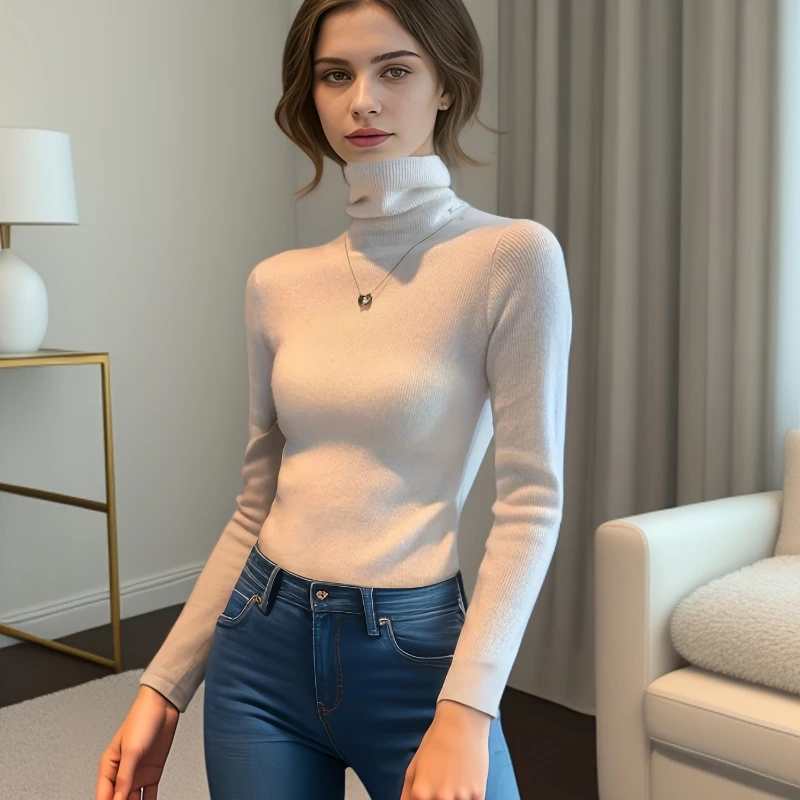 

Новая водолазка в стиле ретро, женский свитер с длинными рукавами, осенняя повседневная модная однотонная трикотажная рубашка с тонким дном