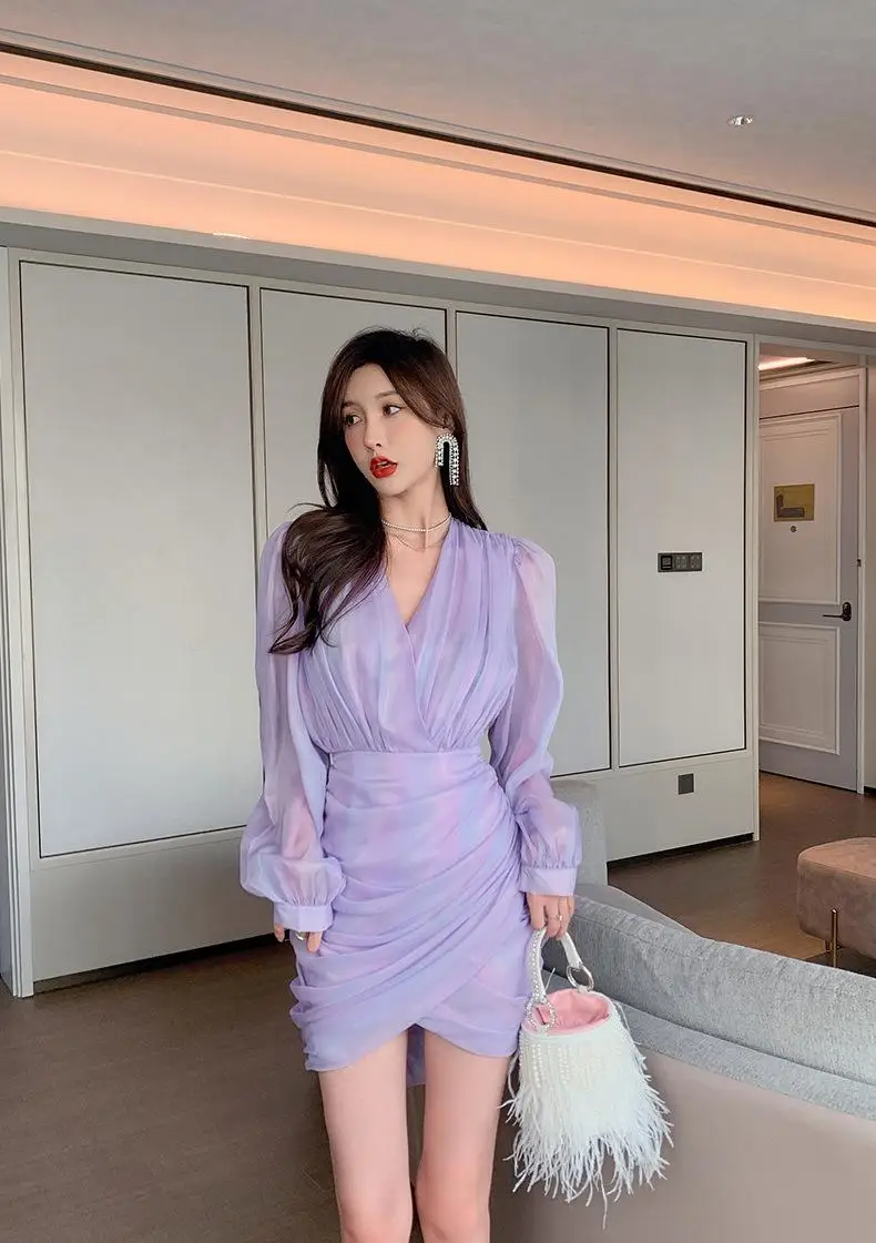 Women's autumn clothes new style stylish V-neck gradient purple irregular hip-wrapped puff sleeve dress