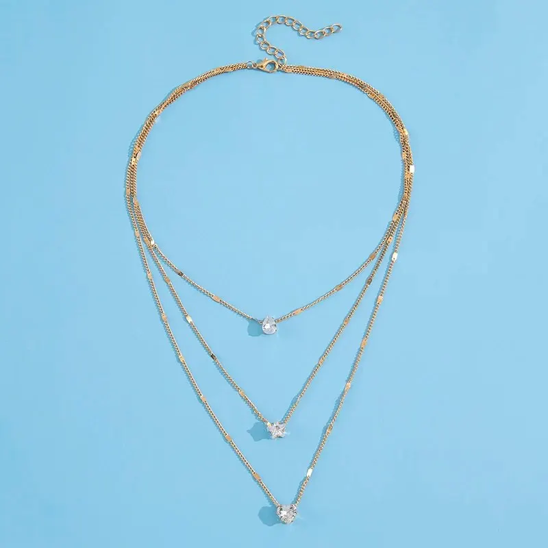 1Pc Multi-layered Dainty Light Luxury Water Drop Love Heart Star Set Chain Pendant Metal Collarbone Necklace Gift For Girl Women image 3