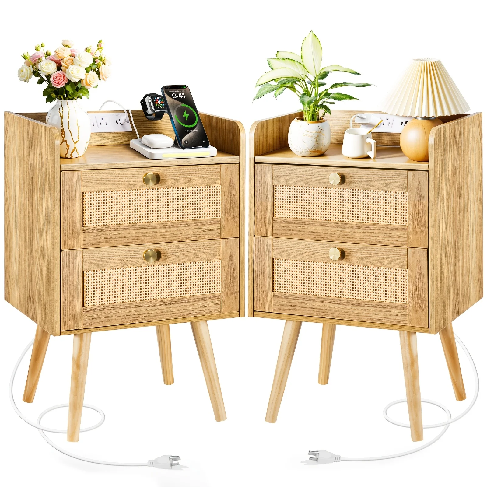 

Set of 2 Nightstands with Charging Station Modern Rattan Bedside Tables Solid Wood Legs End Tables for Bedroom Living Room Dorm