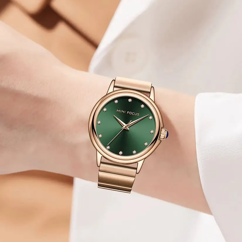 MINI FOCUS Elegant Gradient Dial Ladies Watch Luxury Rhinestone Markers Japan Quartz Movement Stainless Steel Band 0493L