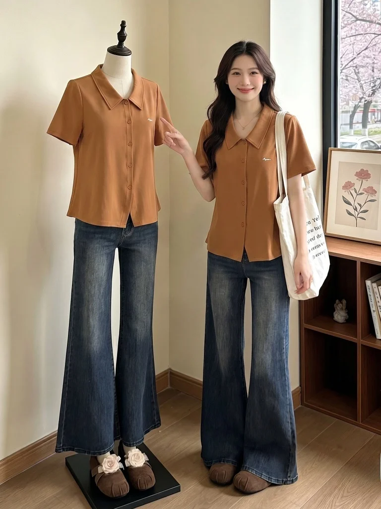 Pumpkin Orange  Neck Short Sleeve T-Shirt Women's Summer New plus Size Slimming Age-Defying Top Korean Style Loose Fit