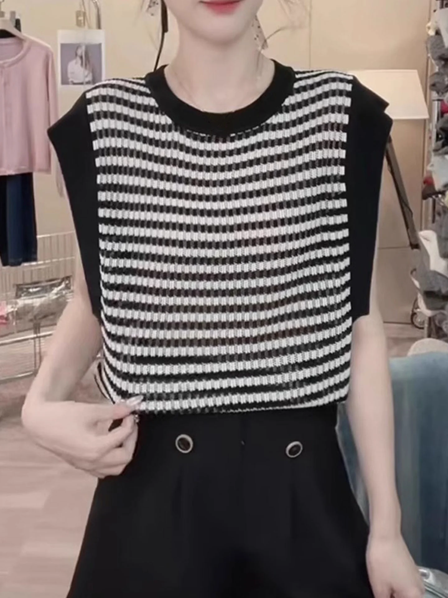 

Faionable Korean Sle round Ne Color Blo Knitwear Ice Silk Top Women's Summer Casual Straight Cut ort Sve T-irt