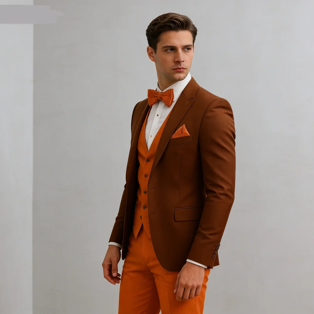 

Men's Formal White And Orange Suit Occasion Wedding Groomsmen Graduation Dance Smoking 3 Piece Tuxedo Traditional Male Attire