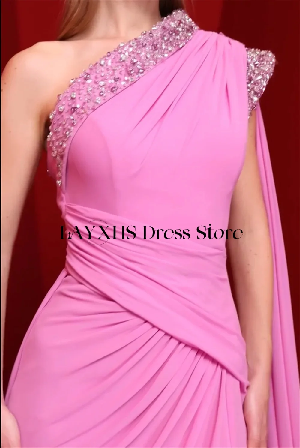 LAYXHS Moda Vestidos de Noite de Um Ombro Rosa Sereia Frisada Fenda Lateral Vestidos de Baile Personalizados فساتmavera