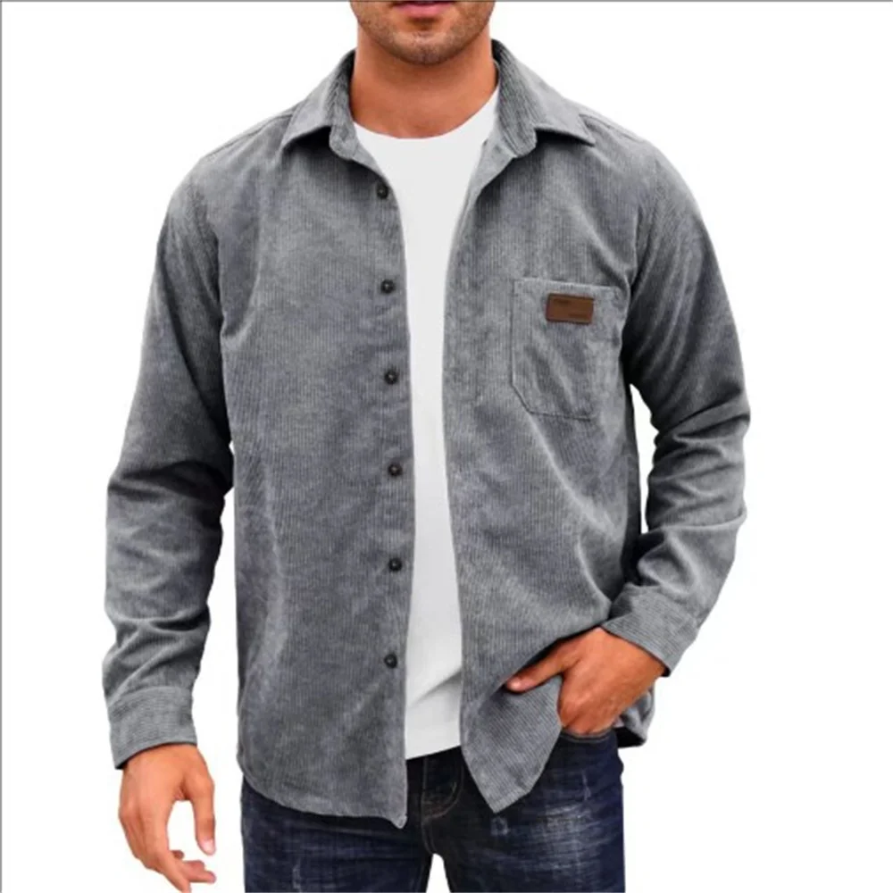 

Мужская осенне-зимняя однотонная рубашка с длинными рукавами, повседневный вельветовый кардиган с лацканами