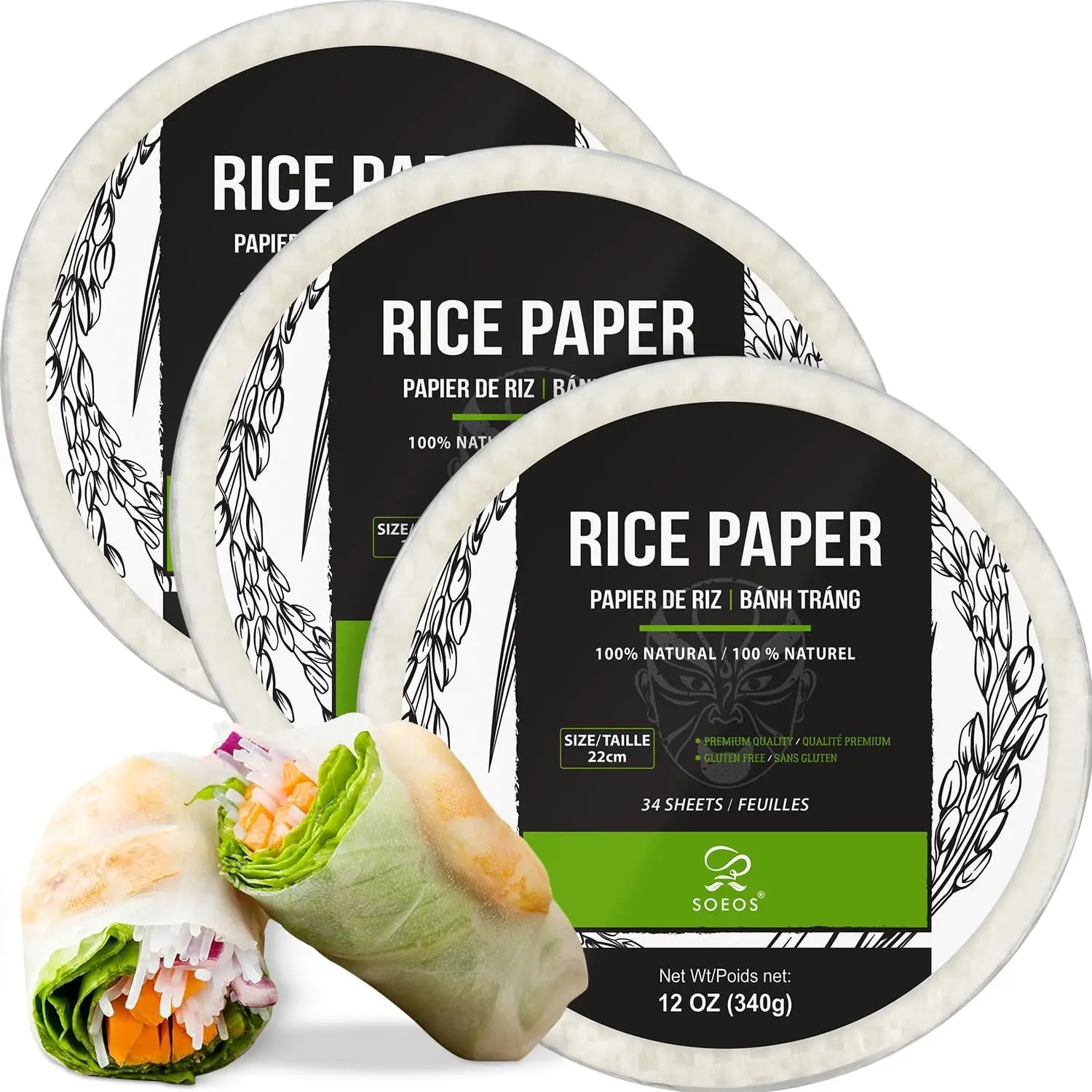 Reispapierblätter für Frühlingsrollen & Teigtaschen, 3er-Pack 34 Blätter, Glutenfreie Kohlenhydratarme Vietnamesische Reisblätter (Rund, 22cm)