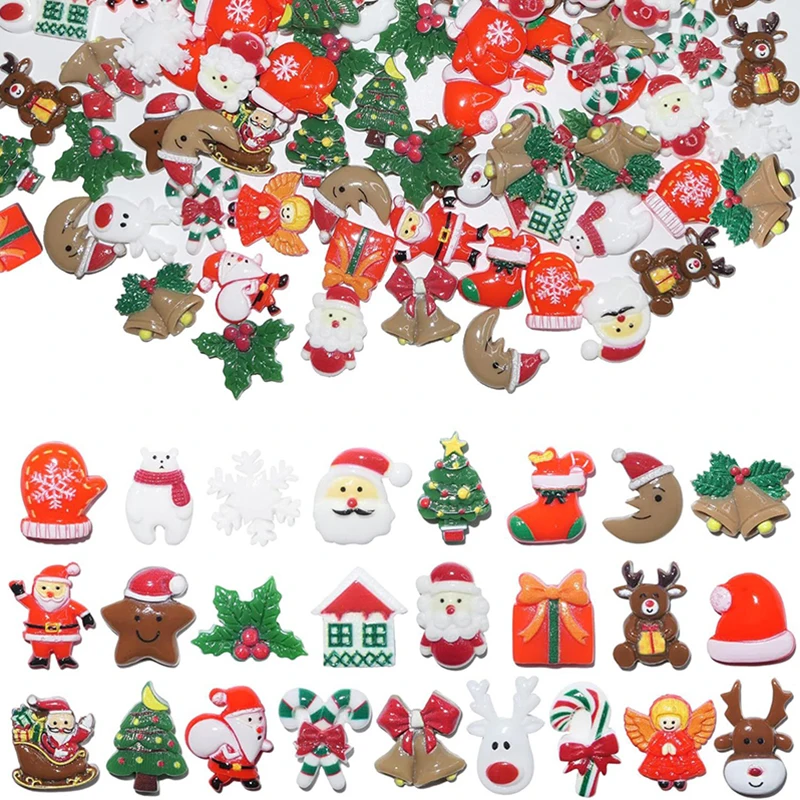 50Pcs Mini Cartoon Christmas Resin Figurine Crafts Flatback Cabochon Ornament Jewelry Making Hairwear DIY Phone Case Beauty