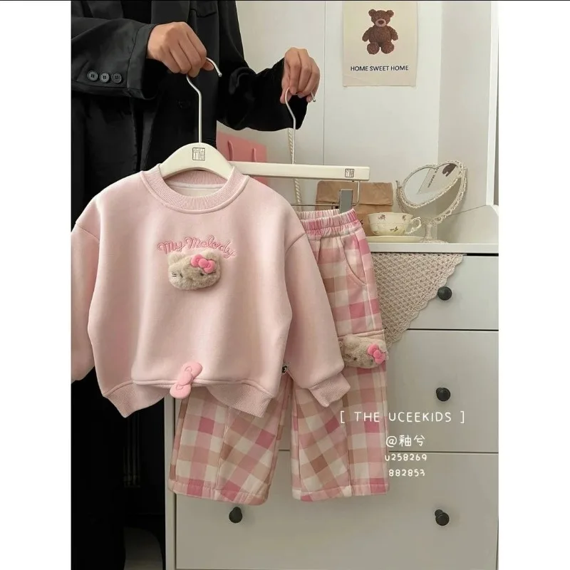 

Kawaii Hello Kitty Sanrio Children Cute Cartoon Comfortable Warm Sportswear Students Add Cotton Hoodie Trousers Gift for Kids