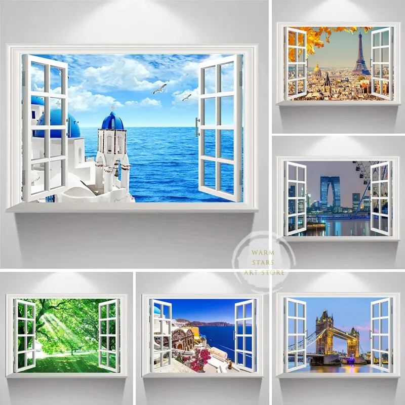 Póster de Santorini con vista de ventana D, pintura en lienzo de Costa Amalfi, paisaje de ciudad de Londres, París, imagen artística de pared, decoración del hogar
