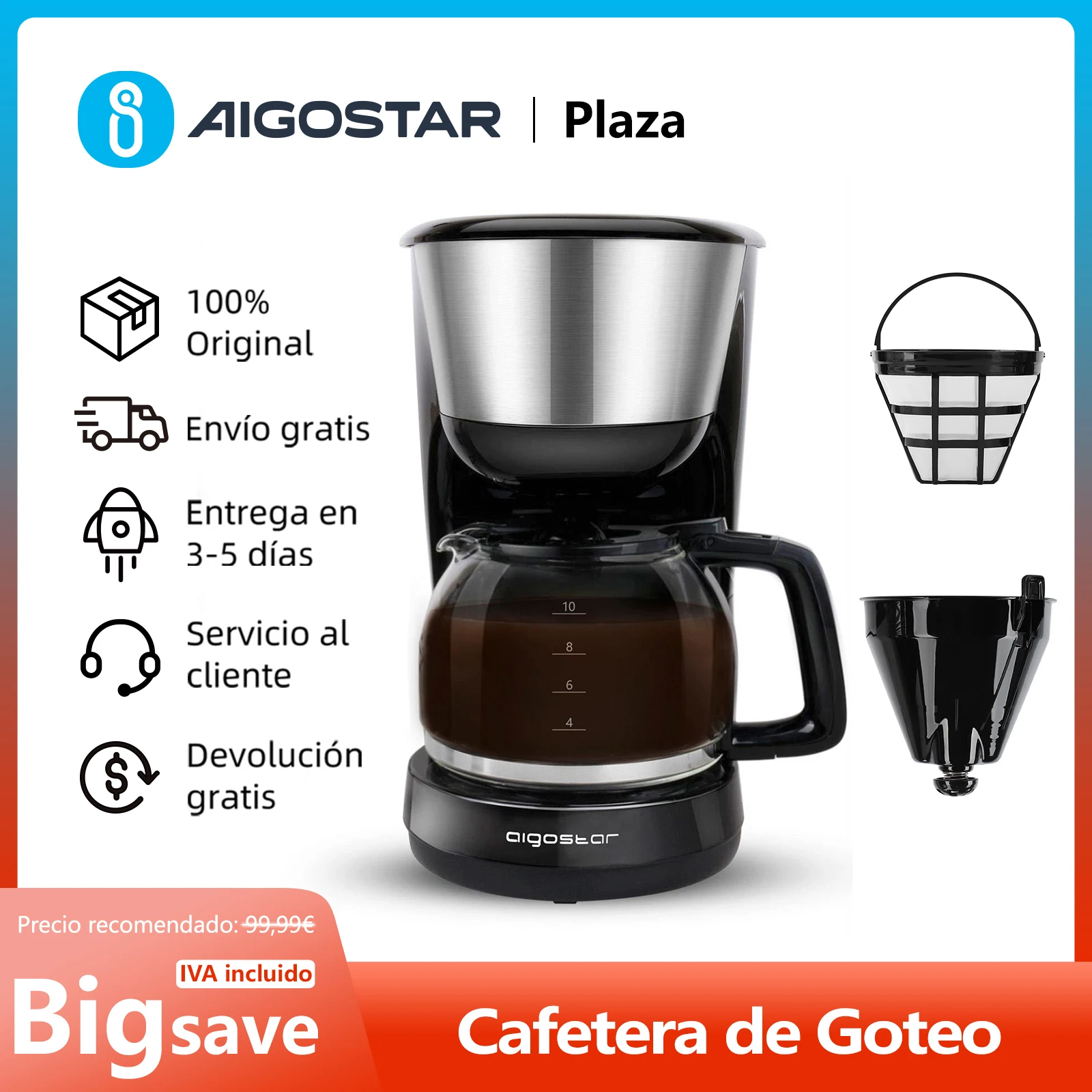 Elektrische Filterkaffeemaschine, mit wiederverwendbarem Filter, Fassungsvermögen 1,25 l (10 Tassen), Aufwärm- und Warmhaltefunktion, 1000 W