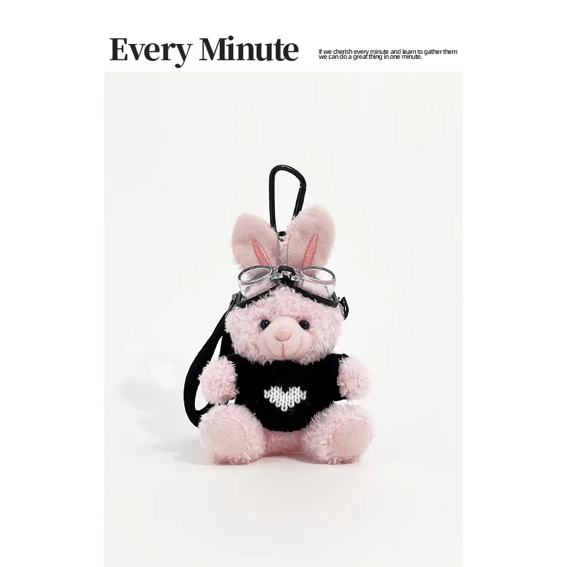 Cute  Sweet   cool black sweater small pink rabbit plush toy high-end pendant  personalized bag decoration Exquisite keychain