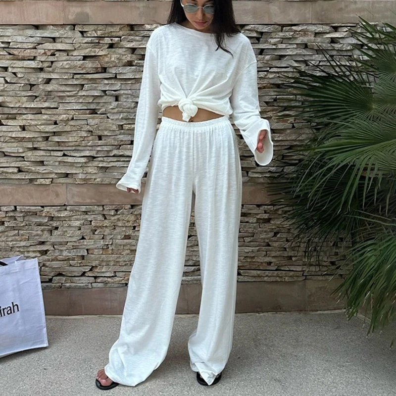 

Tornova Fashion Casual Sets Women's O Neck Long Sleeve T shirt Loose Long Pants Autumn New Female White Trousers Two Piece Sets