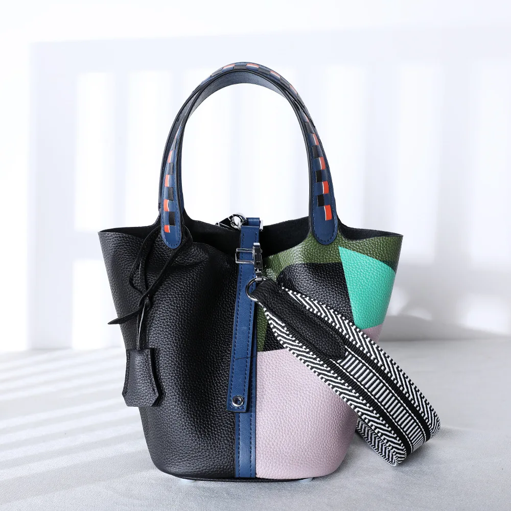 

Genuine leather ladies' bucket bag, top-grain cowhide vegetable basket, painted handbag, single-shoulder crossbody bag