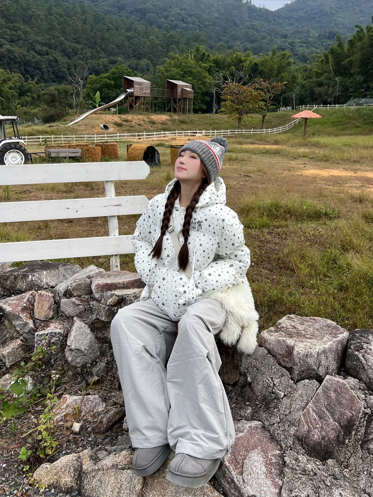 

White One Star American Sweet Cool Printed Hooded Cotton Jaet Women's Winter Korean Sle Loose Warm Bread Clothes Cotton