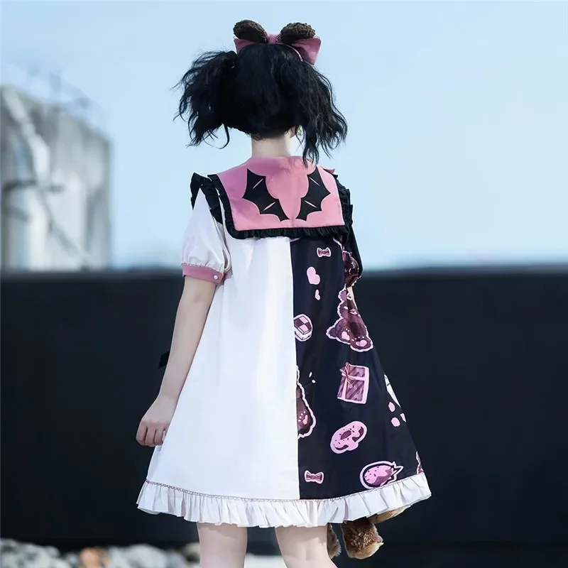 Robe Punk Gothique Foncé à Manches Courtes pour Femme, Imprimé Ours Lolita, Mode Kawaii, Doux, Quotidien, Nouvelle Collection