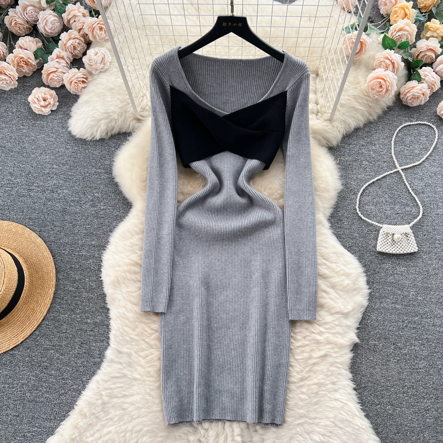 

Women Chic Elegant Patchwork V Neck Long Sleeve Bodycon Dress Sexy Fashion Knit Elastic Slim Hip Wrap Sweater Dress