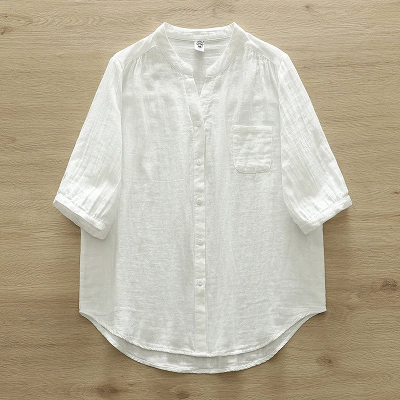 New Spring Cotton Yarn Shirt Women Stand Collar Short Sleeve Solid Top Girl Fashion Pocket Retro Blouses 2024 Summer T44995QM