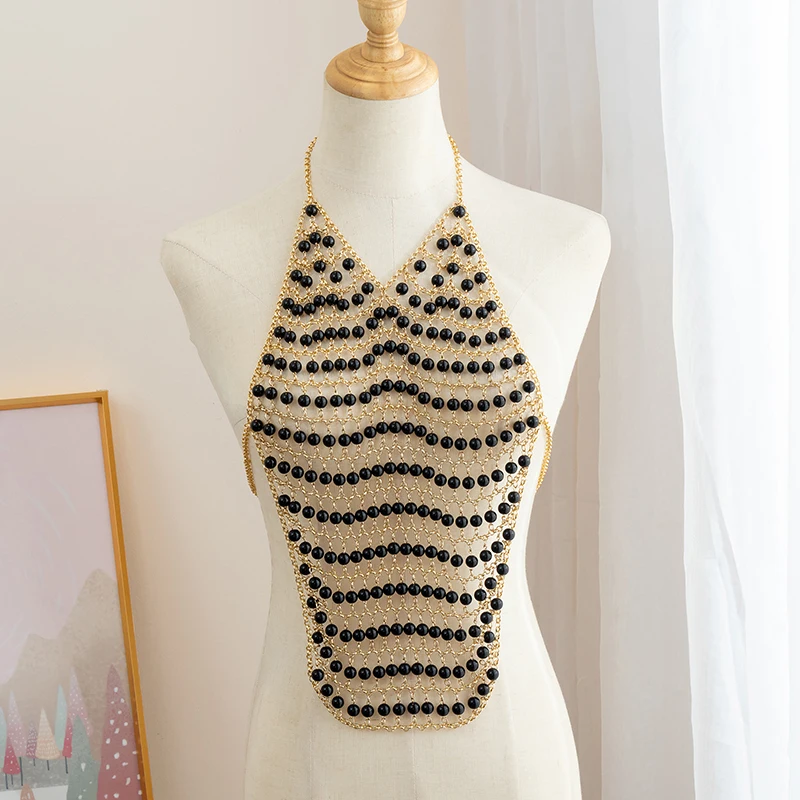 

European and American pearl body chain hand-woven exaggerated show show pearl necklace wedding shoulder chain jewelry