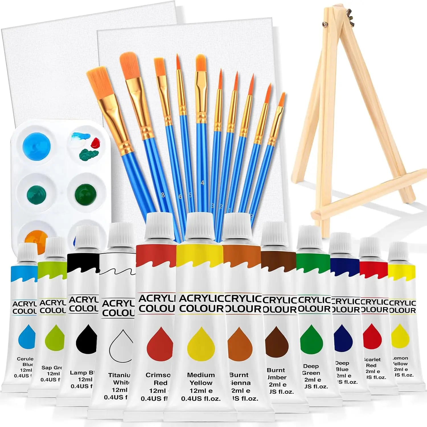 

26-Piece Acrylic Painting Kit with 12 Colors, Brushes, Canvas, Easel for Kids and Adults