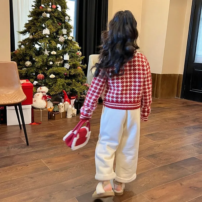 UNITIM Autumn Winter Christmas Children Sweater Junior Girl Houndstooth Jacquard Embroidery Knitwear Teens Girl Leopard Pullover