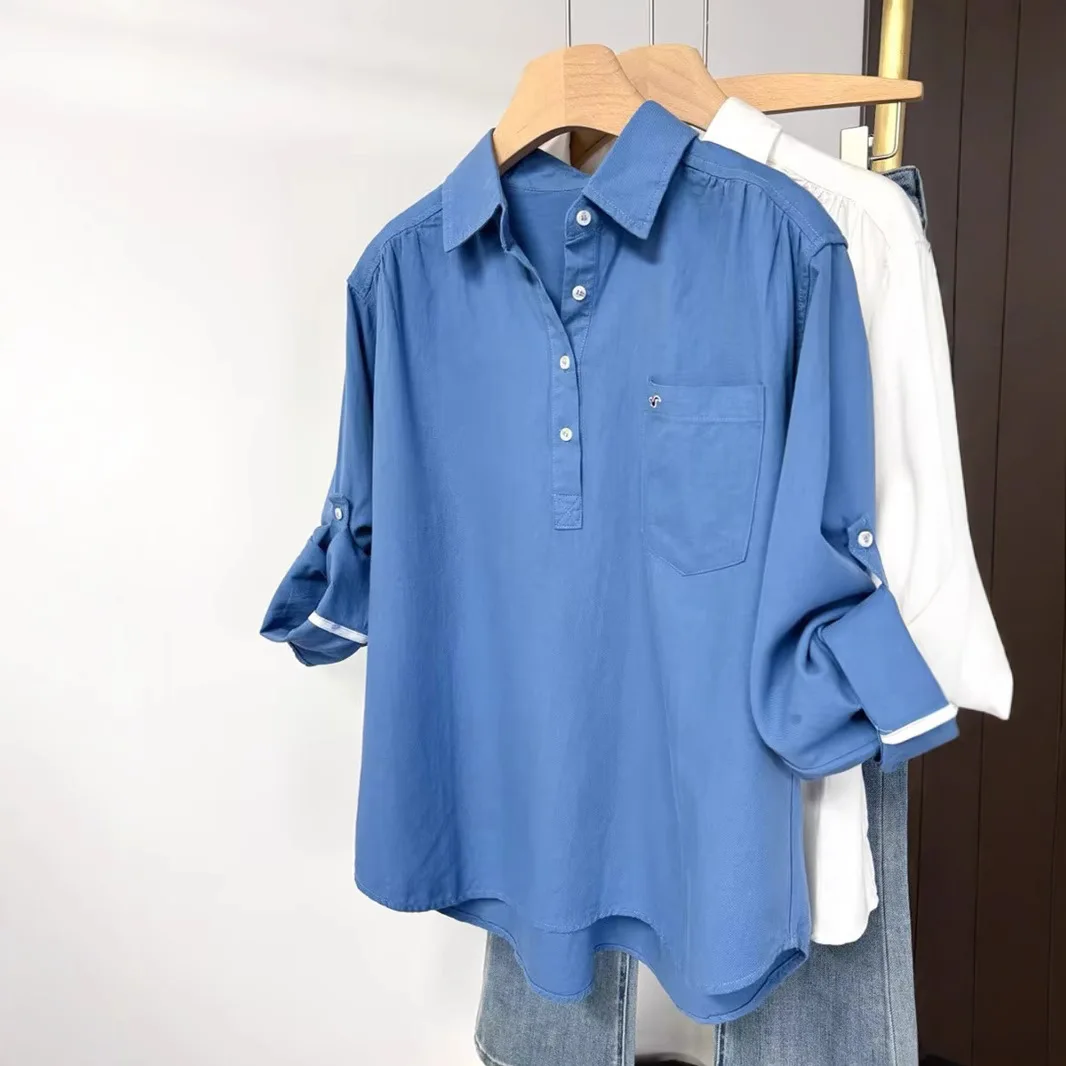 

Early Spring New Sle Women's Blue Long Sve Casual irt f Open Collar mat Versatile Cotton lectual Faion