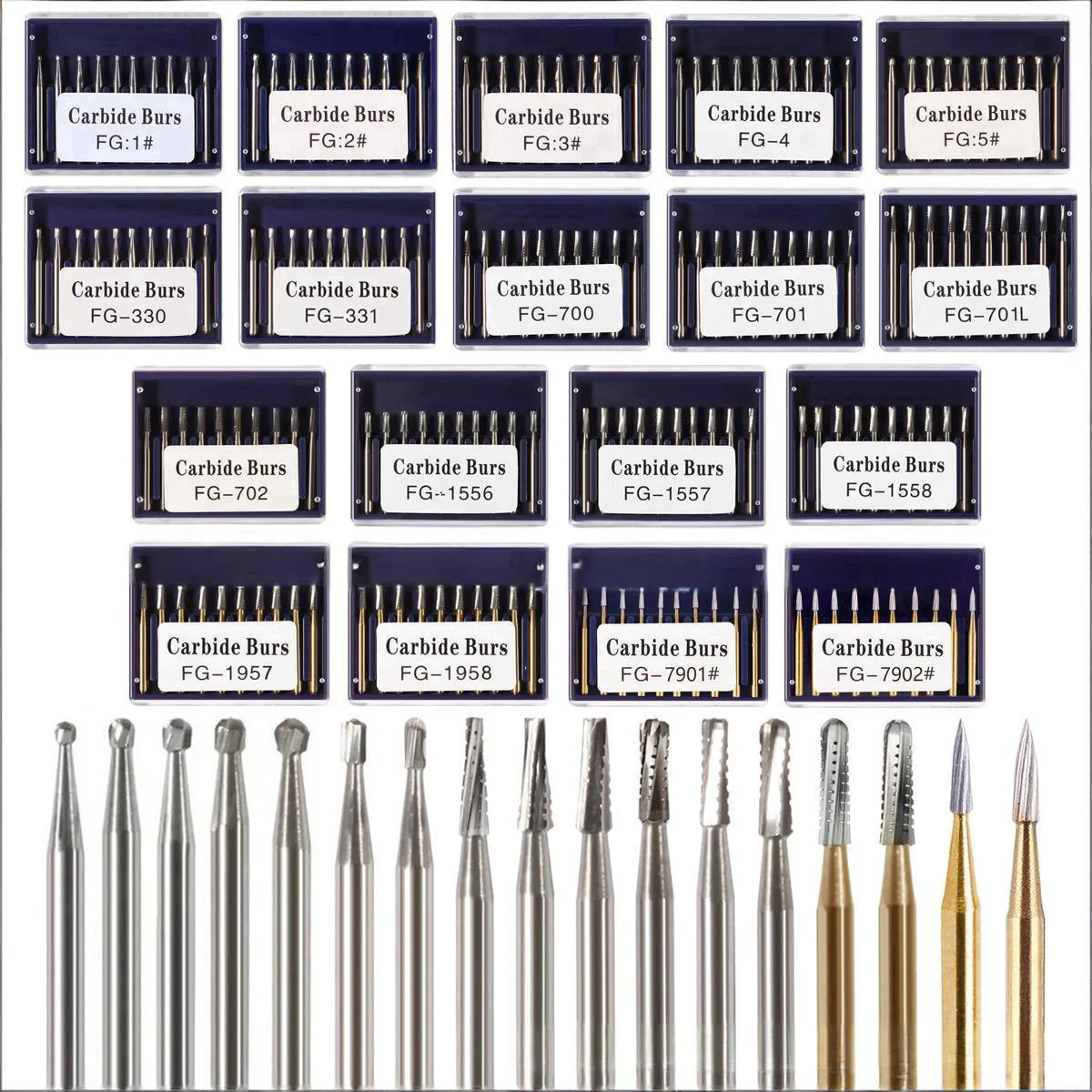 

Набор из 10 зуботехнических боров из вольфрамовой стали с обратным конусом для высокоскоростного снятия коронок, в коробке