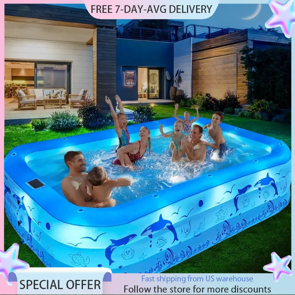 Inflatable Pool with Lights, Swimming for Kids,Adults, Blow Up Pool Solar Powered, Large Kiddle , Pool for Backyard