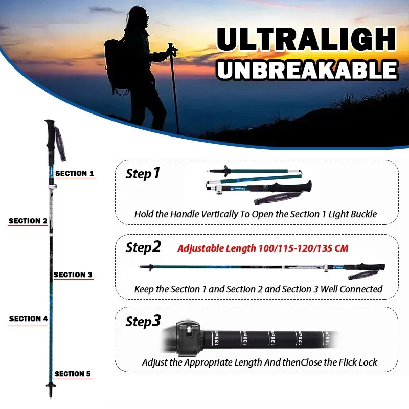 Ultra-light carbon fiber trekking pole retractable 5-section walking stick Portable Outdoor Camping Trekking Pole Crutch