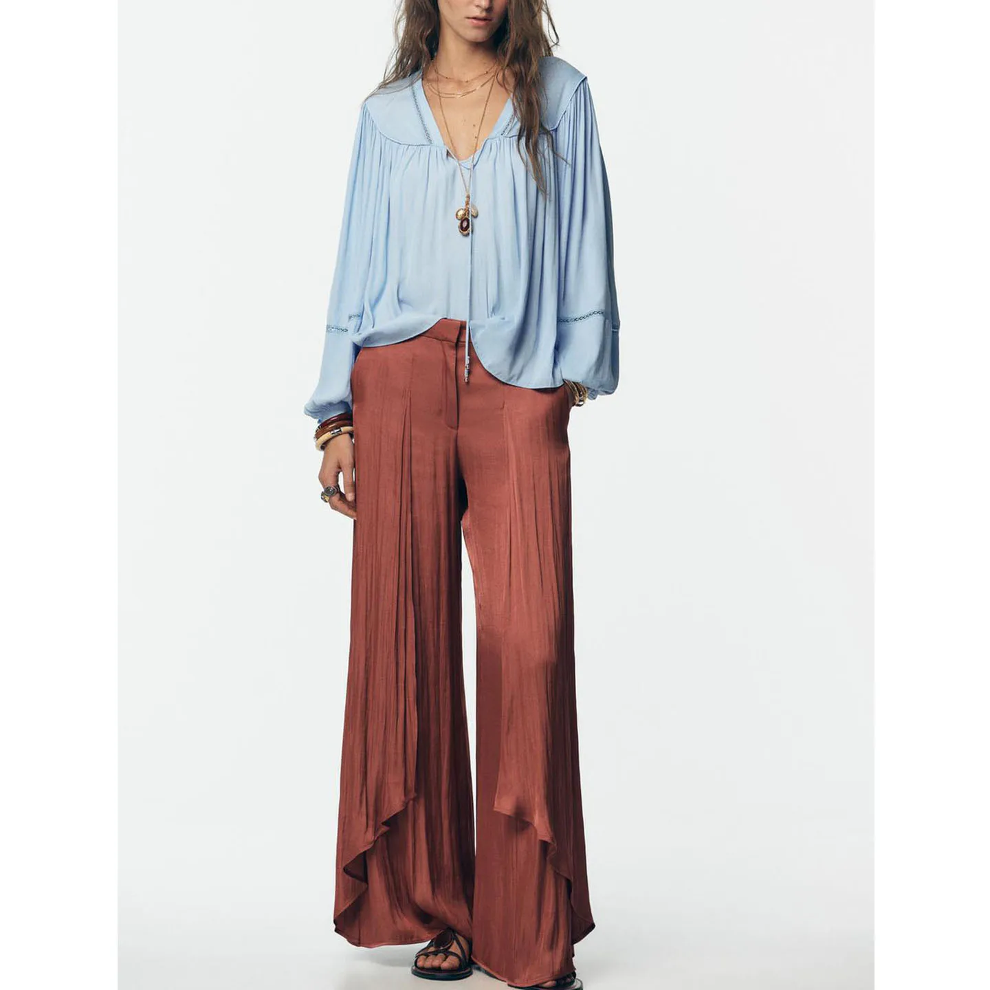 V-Ne Long Sve Vertical Lace irt Lose Hängende Hose Damen Casual Sle Polyesterfaser Dünn Lang irt