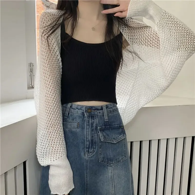 New Spring Summer Women Cropped Cardigan Knitted Tops Shawl Korean Fashion Sun Protection Clothes Long Sleeve Thin Jacket
