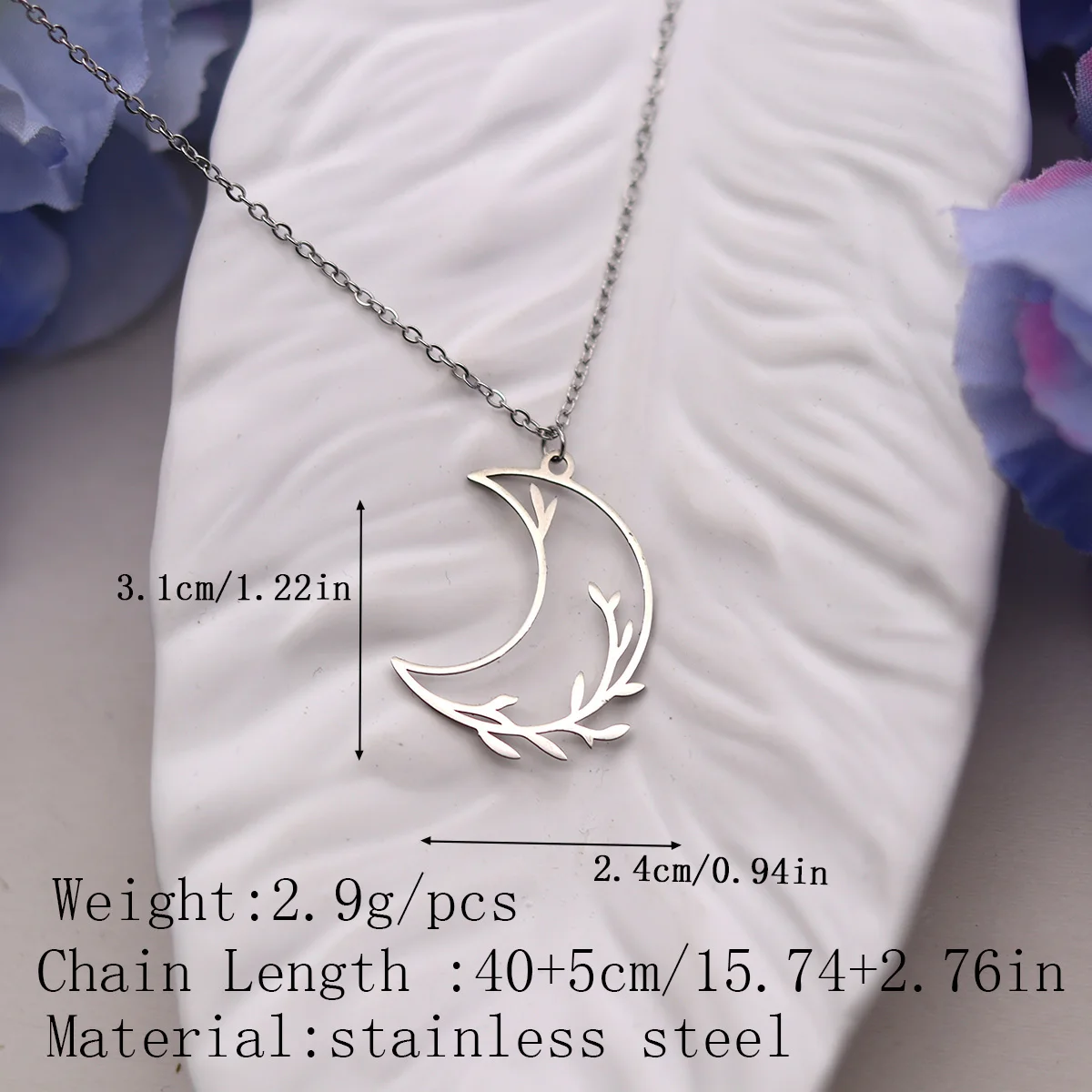 قلادة كينيتيال من الفولاذ المقاوم للصدأ على شكل هلال على شكل قمر مع تصميم فرع رقيق مثالي للارتداء اليومي #2