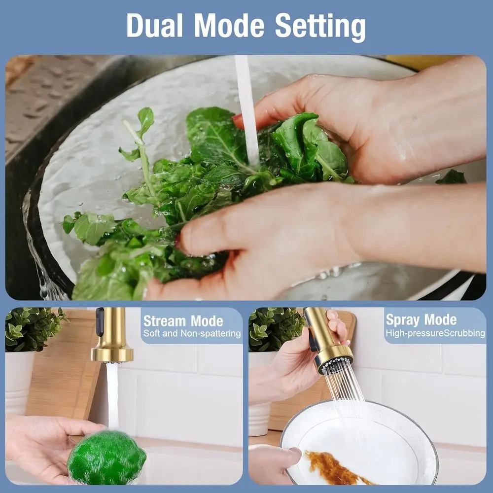 Grifo de cocina con rociador extraíble de alto arco, negro mate y oro cepillado, con resorte, 1 o 3 orificios, para granja, RV y fregadero de recipiente