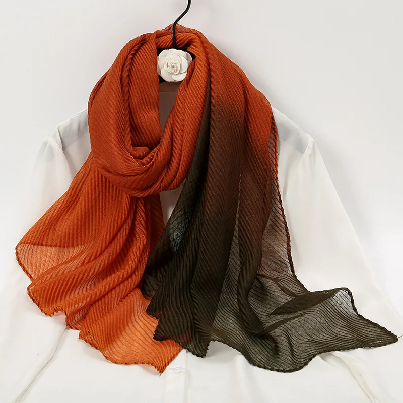 Spring Autumn New Fashion Versatile Twill Wrinkled Scarf Literary and Artistic Gradual Change Color Matching Thin Shawl Women