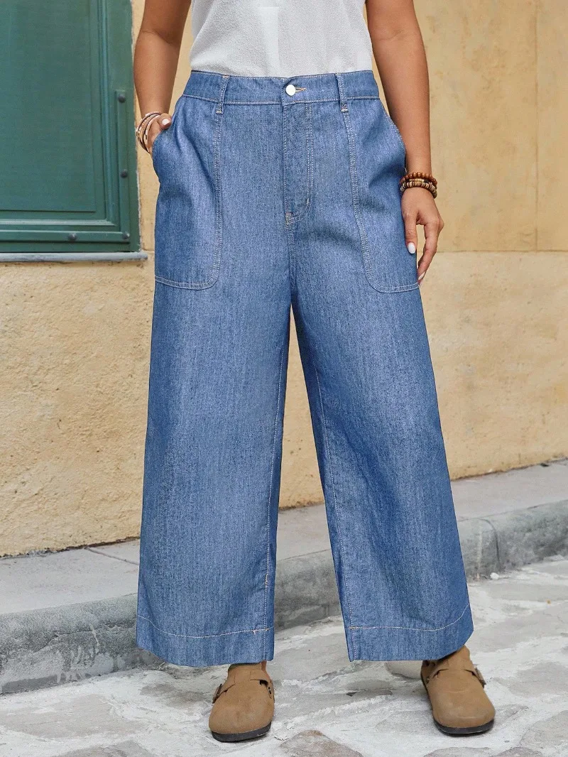 

KEXU Plus Size Pants Large Denim Wide Leg Jeans High Waisted Loose Cropped Pants