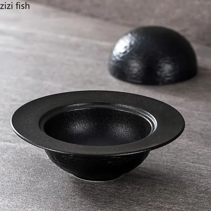 Solid Color Rock Texture Ceramic Bowl with Lid Dessert Bowl Thick Soup Bowl Steamed Egg Bowls Restaurant Creative Tableware