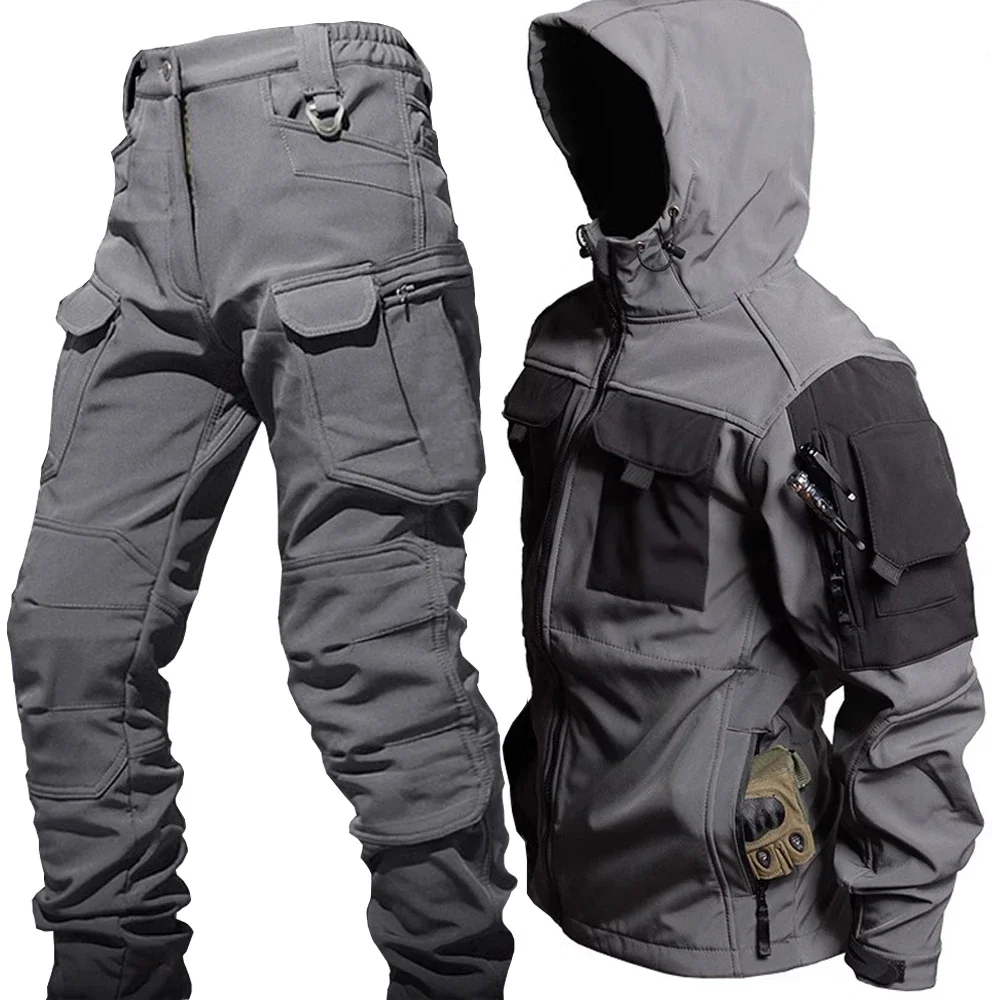 Winter Outdoor Waterproof Suits Men Tactical Windproof Hooded Jacket Fleece Warm Pants Multi-pocket  Thermal Sets Autumn